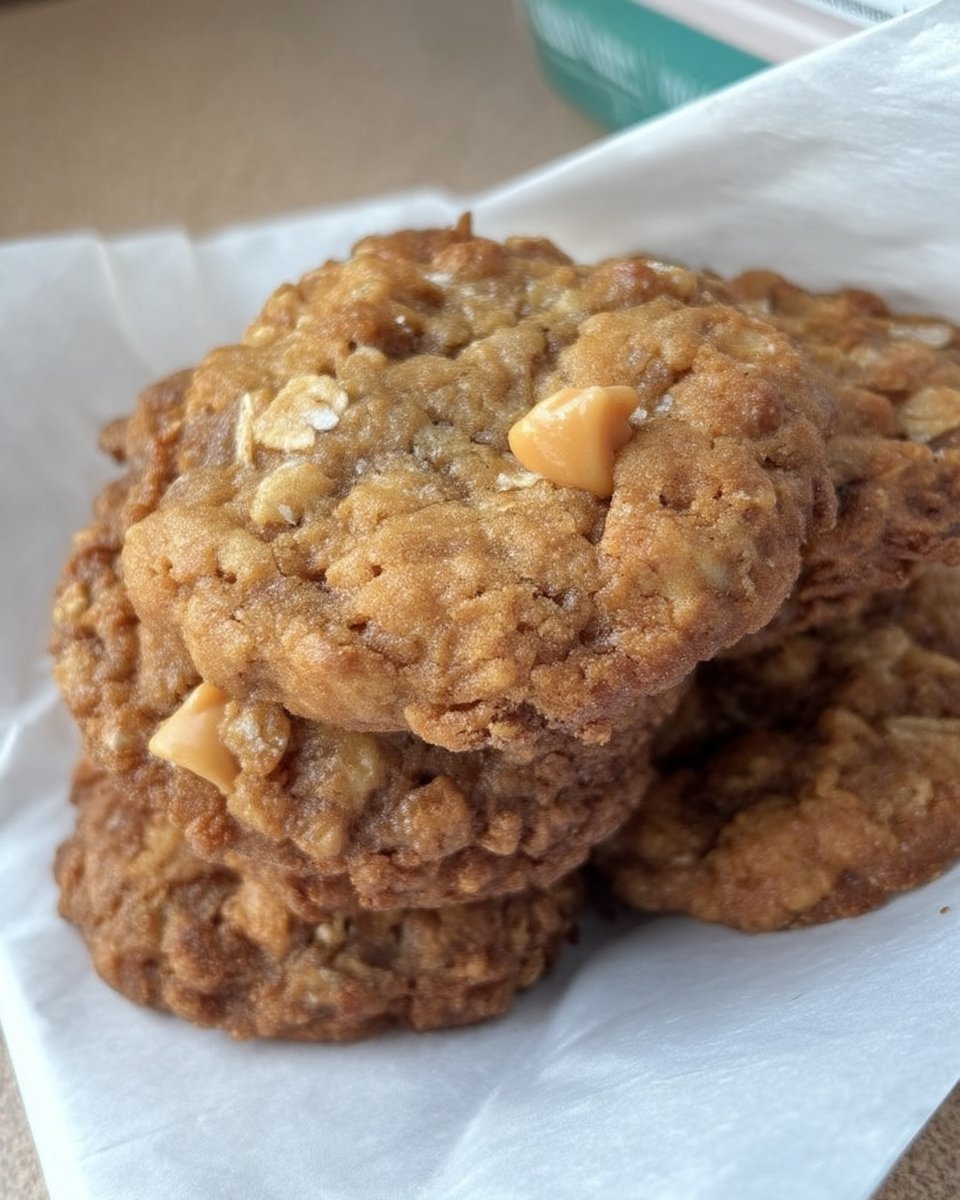 Oatmeal scotchie broken in half to show chewy center texture