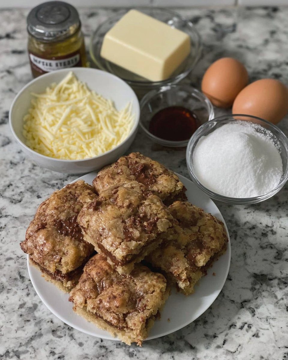 Ingredients for brown butter toffee cookies including butter sugar flour and heath bits