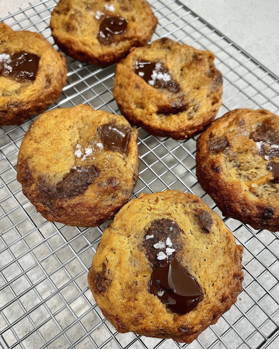 Stacked toffee cookies on a ceramic plate with flaky sea salt.