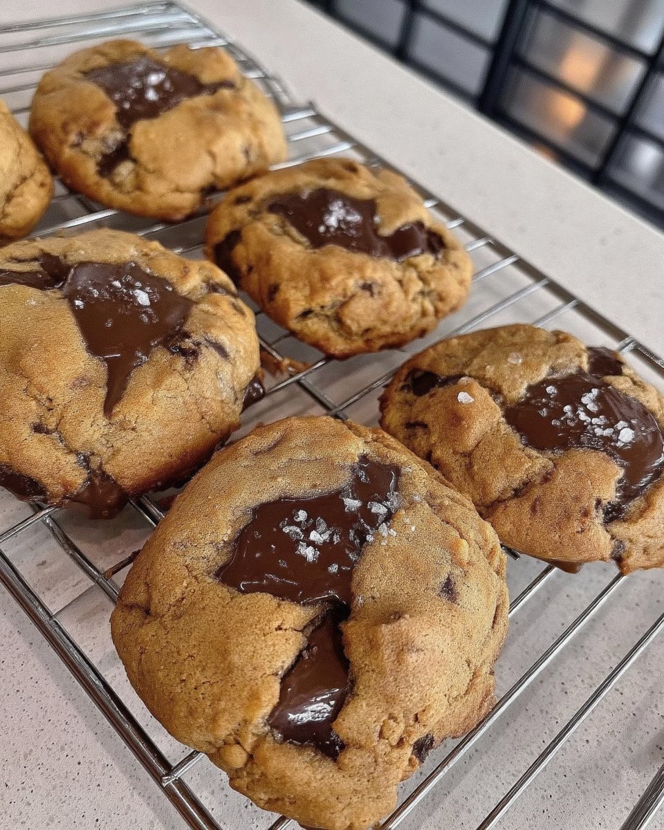 A close up of Brown Butter Toffee Cookies showing the golden brown edges and chocolate chunks.