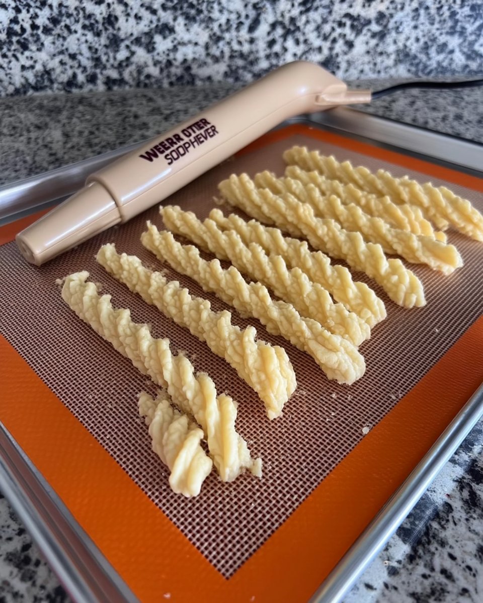 Cookie press extruding dough onto a silicone mat