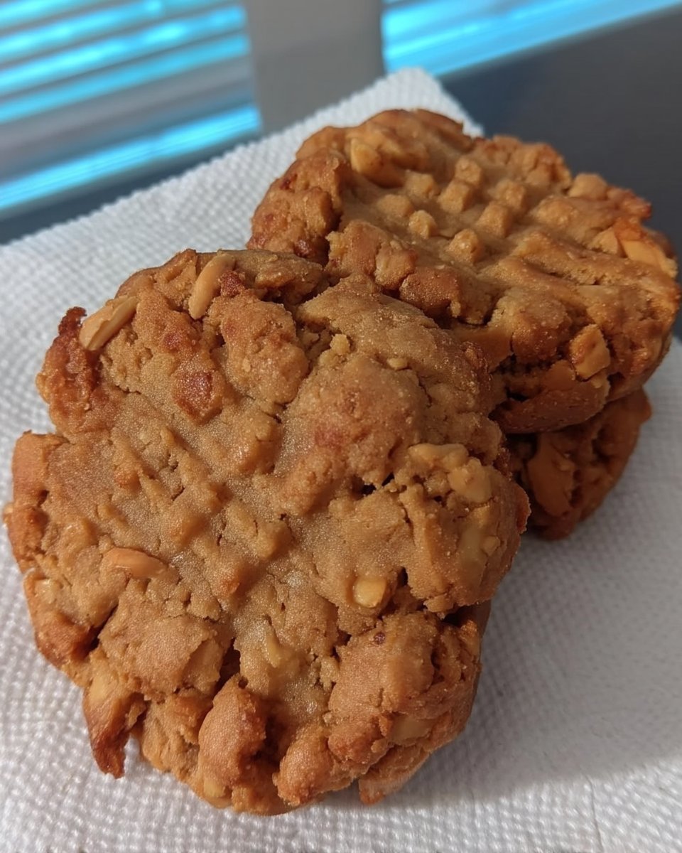 Golden brown flourless peanut butter cookies cooling on a wire rack.
