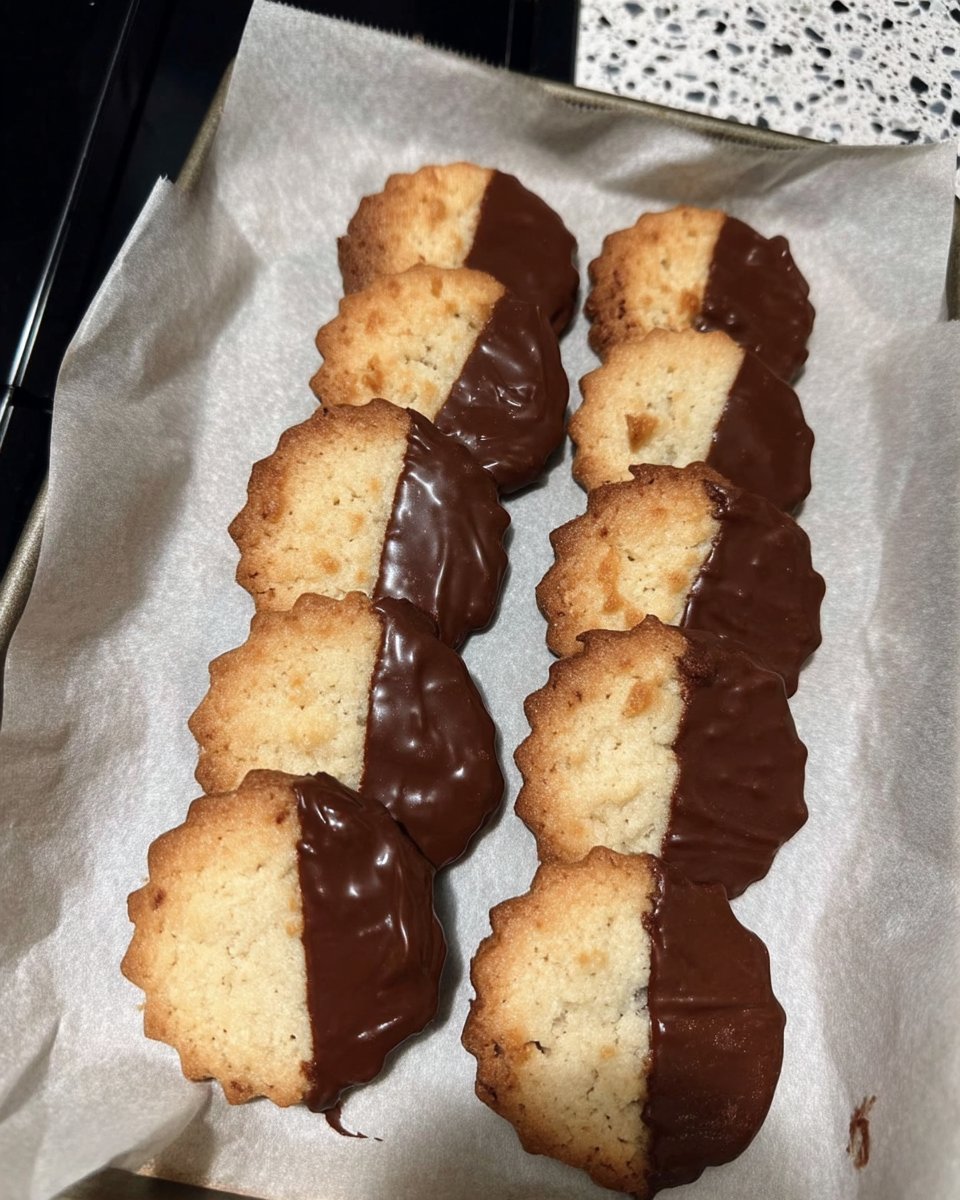 Two dipped shortbread cookies resting on a wire rack showing chocolate coating
