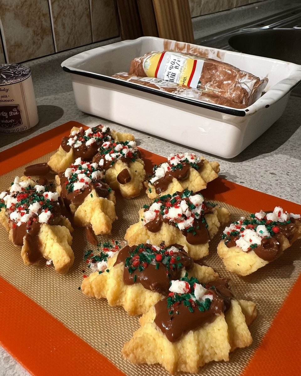 Decorated holiday spritz cookies with sprinkles