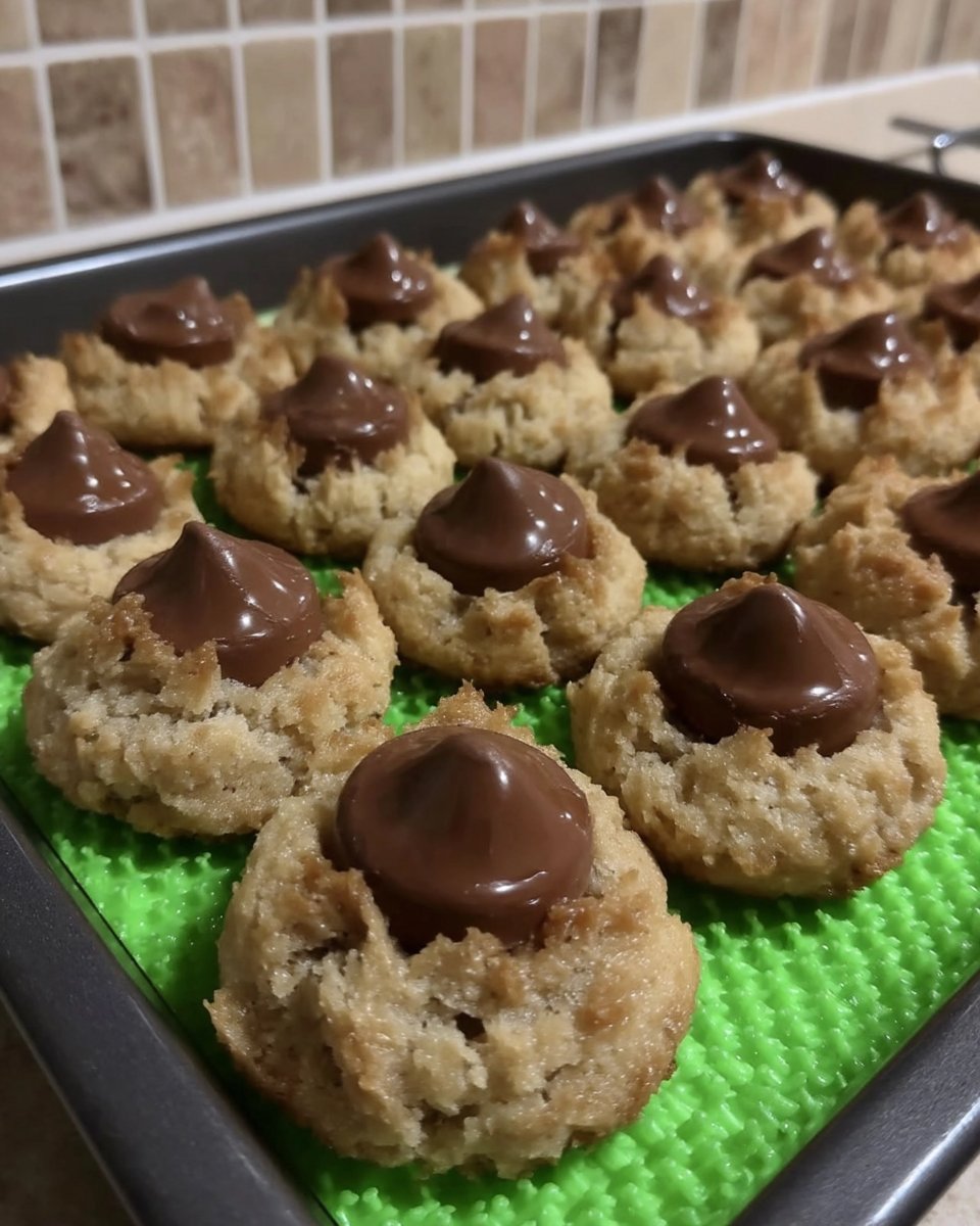 Hershey kisses on a plate being prepped for peanut butter blossoms