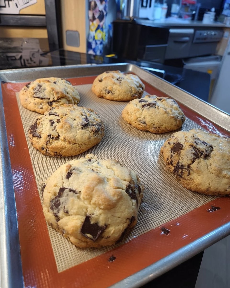 Freshly baked chocolate chip cookies with melted chocolate pools