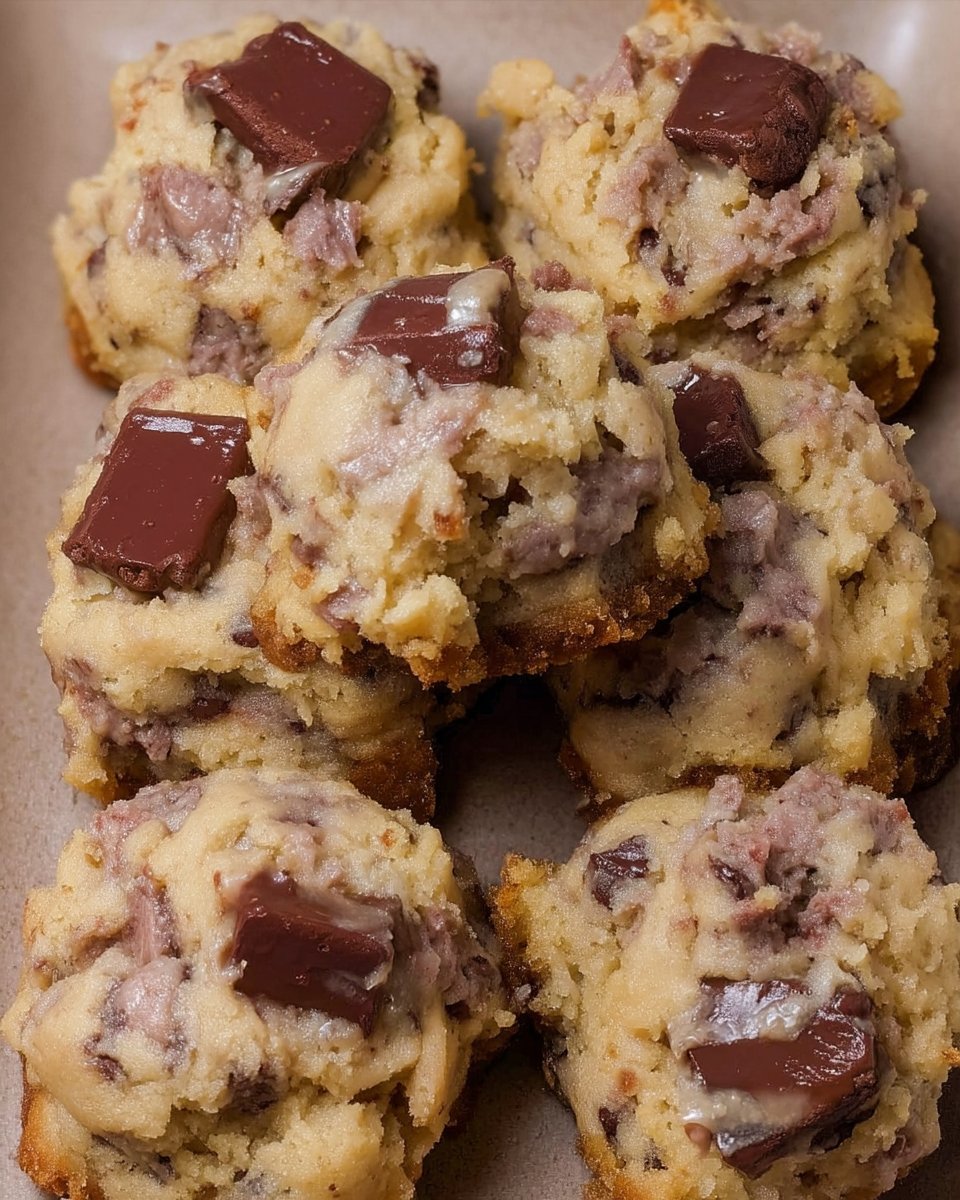 Hand-shaped frozen cookie dough balls on a lined baking tray.