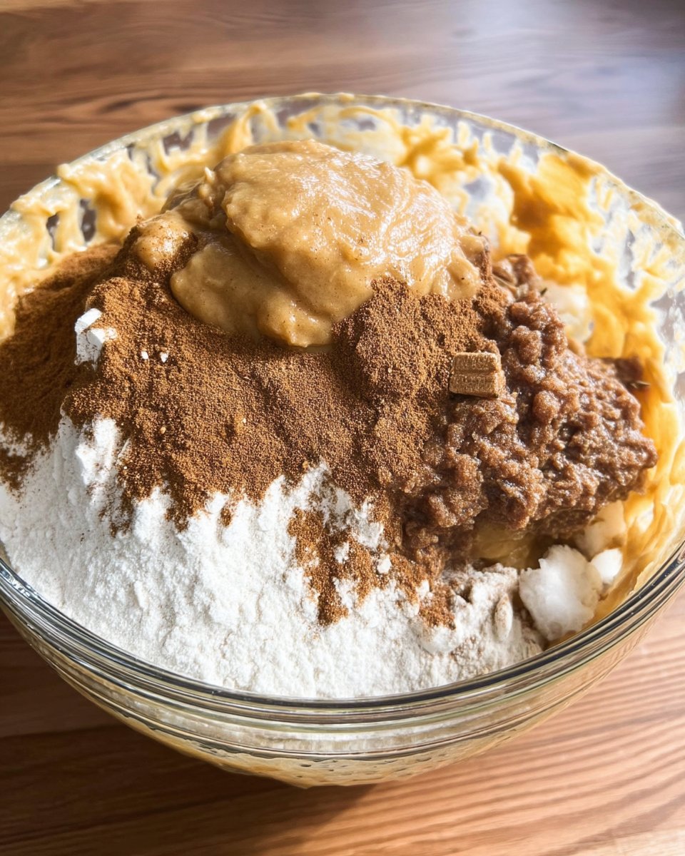 Bowls of flour, molasses, and spices arranged for the gingersnap recipe.