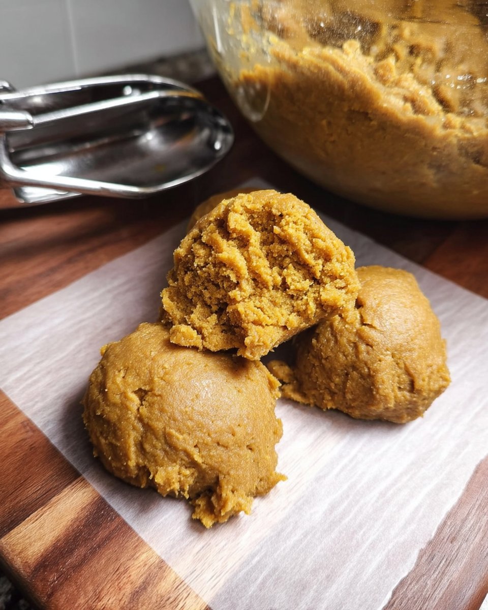 A baker's hand rolling gingersnap dough into precise spheres before coating in sugar.