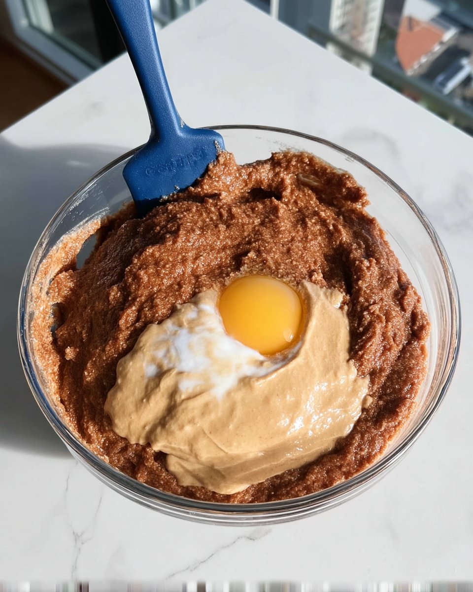 A cup of peanut butter, a cup of sugar, and one egg arranged on a marble surface.