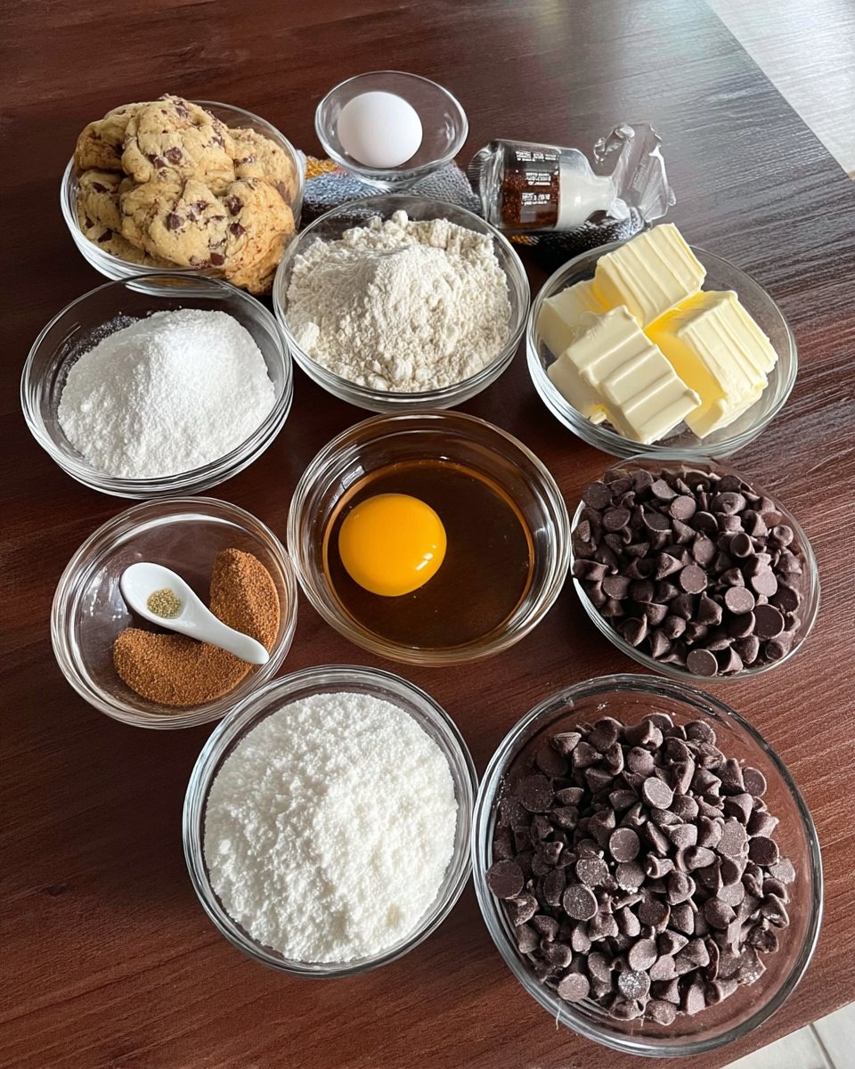 Ingredients for cookies including browned butter sugar and eggs