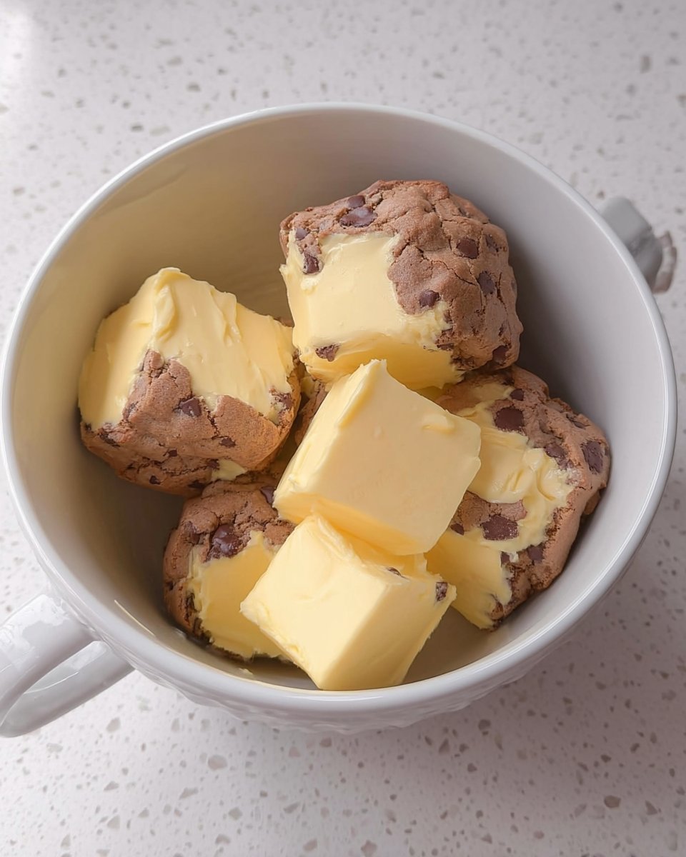 A collection of ingredients including cold butter chunks and high-quality chocolate chips.