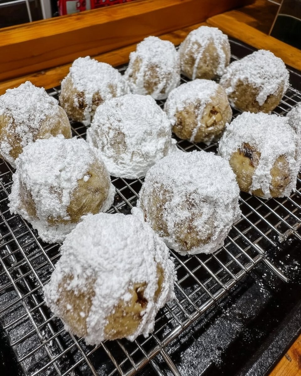 A Pecan Snowball cookie broken in half to reveal the fine nut meal and airy crumb