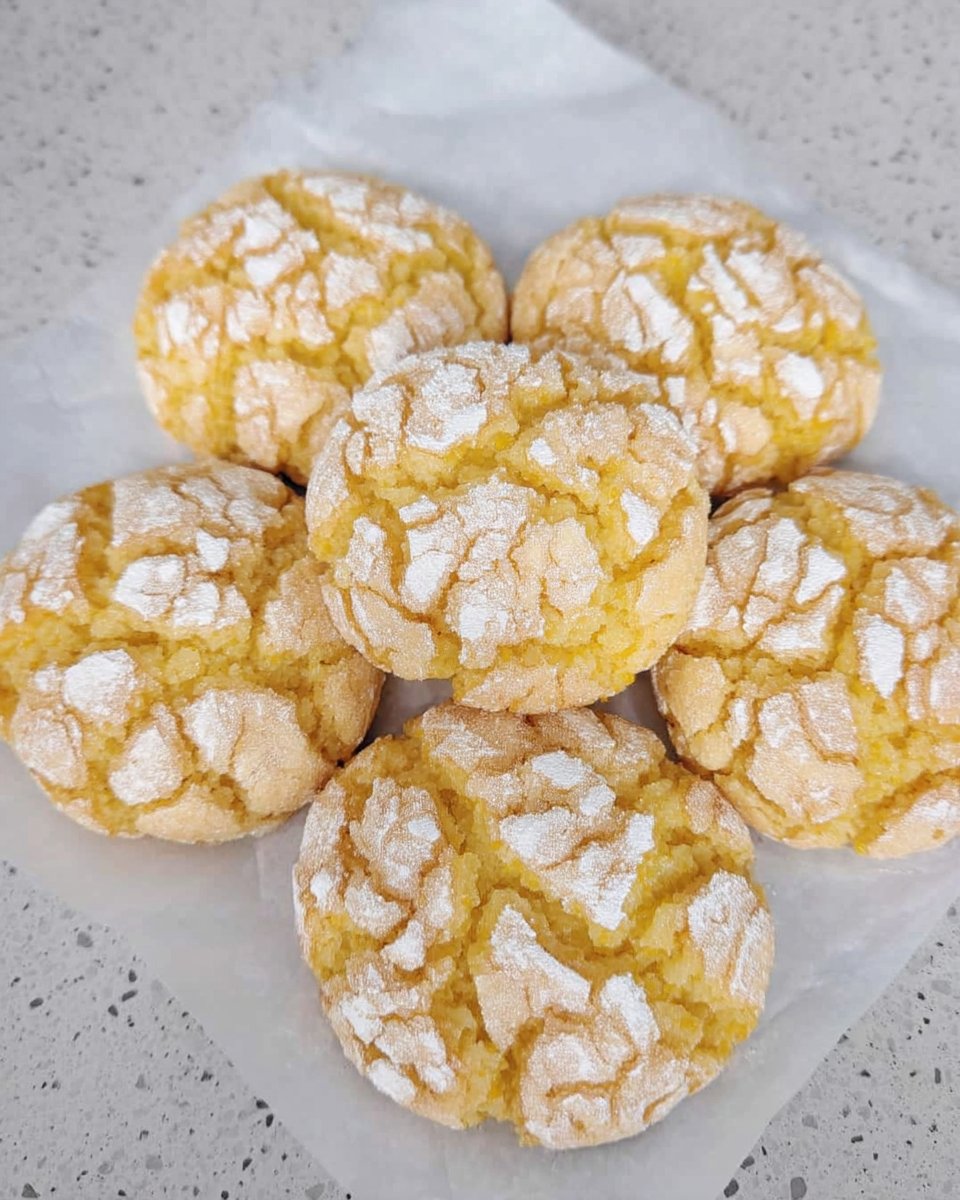 Freshly baked lemon cake mix cookies with a powdered sugar crinkle top