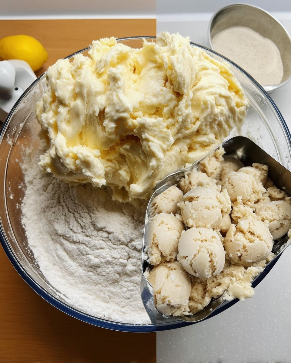 Bowls of flour, sugar, butter, and fresh lemon zest arranged on a marble counter