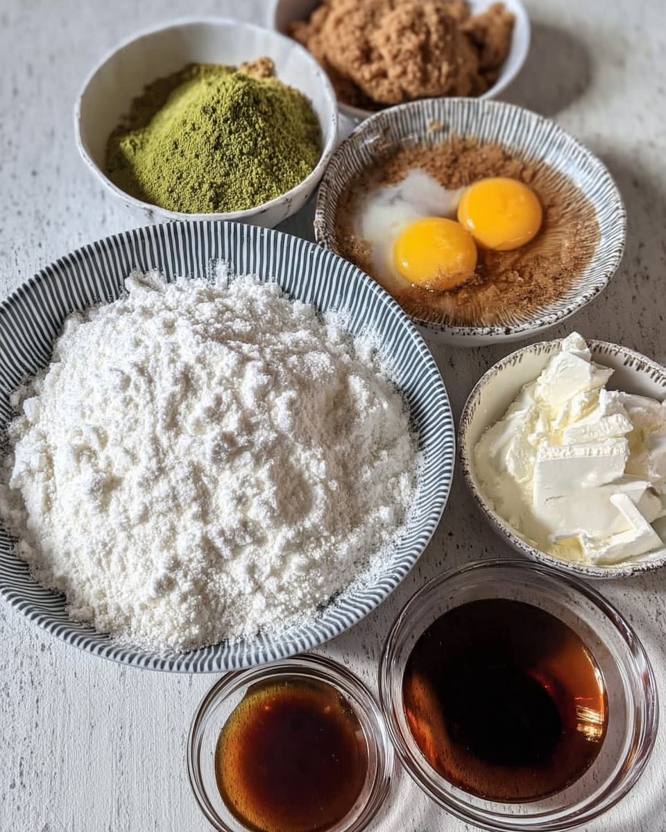 Close up of culinary grade matcha powder next to white chocolate chips and browned butter.