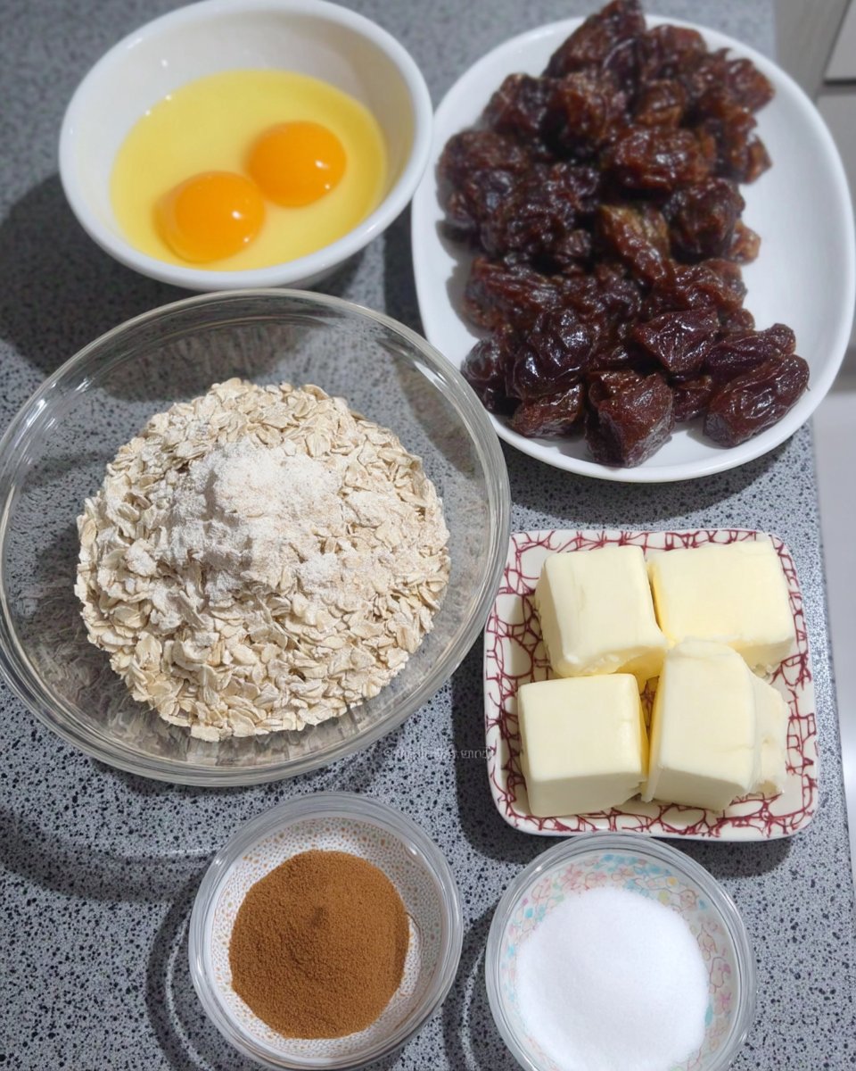 Medjool dates butter eggs and rolled oats arranged on a table