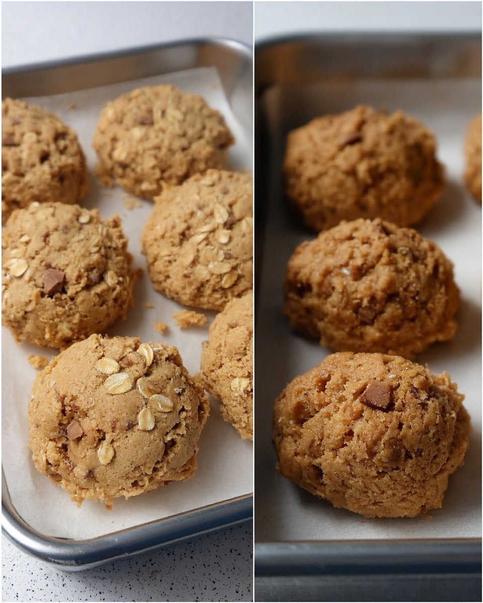 Measured ingredients for oatmeal cookies including rolled oats and brown sugar