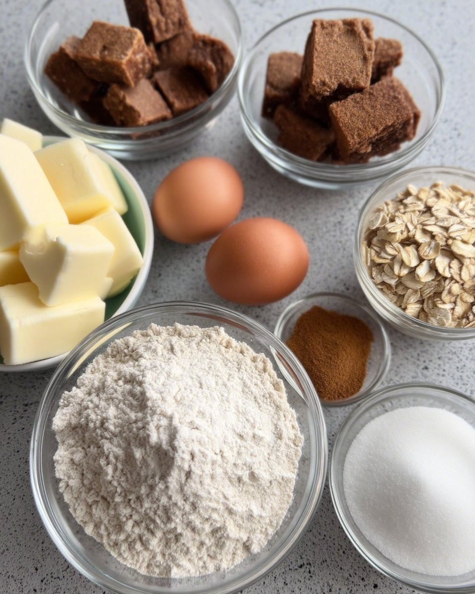 Ingredients for oatmeal cookies including rolled oats, molasses, and brown sugar.