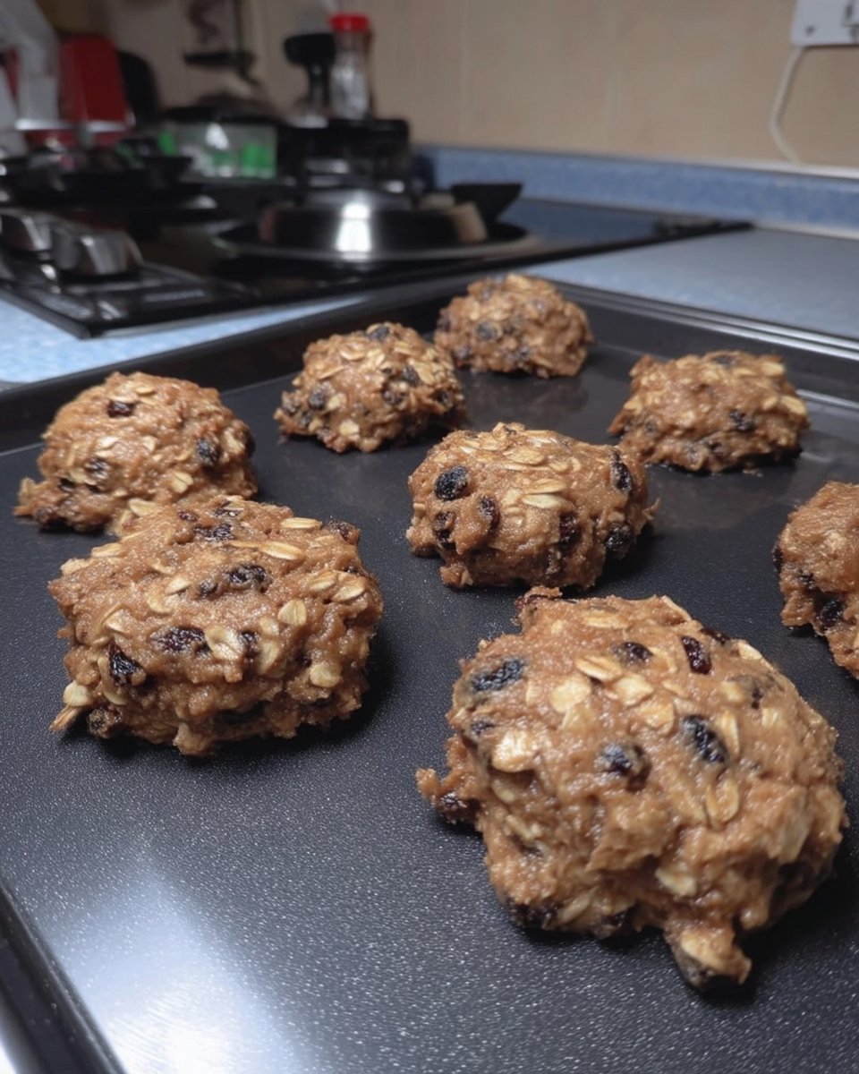 Overhead shot of oats molasses butter and raisins