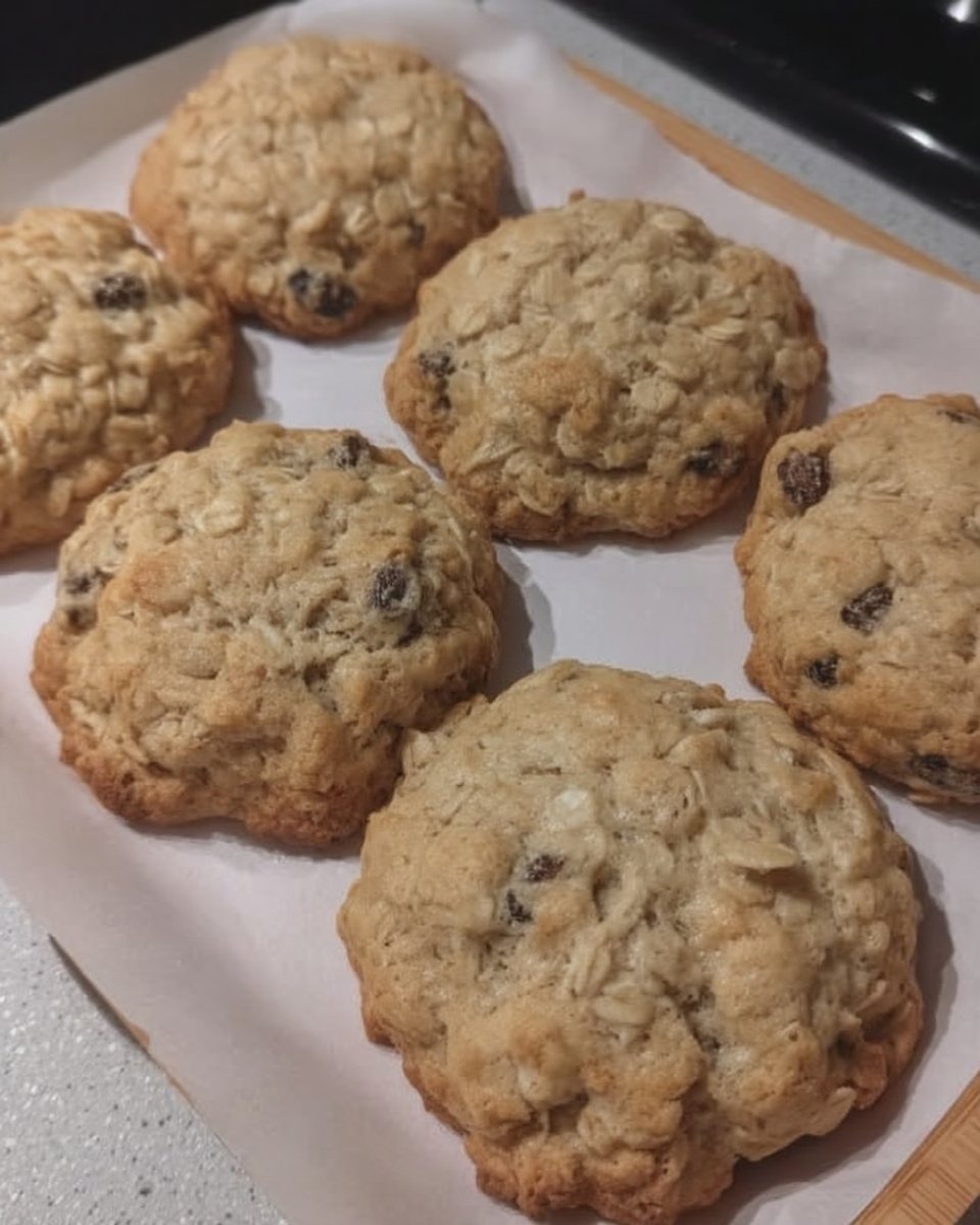 Fresh baked oatmeal raisin cookies cooling on rack
