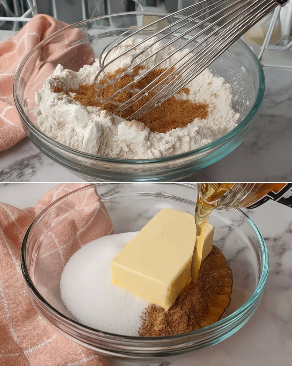 Overhead view of precise ingredients for oatmeal scotchies including oats and butterscotch