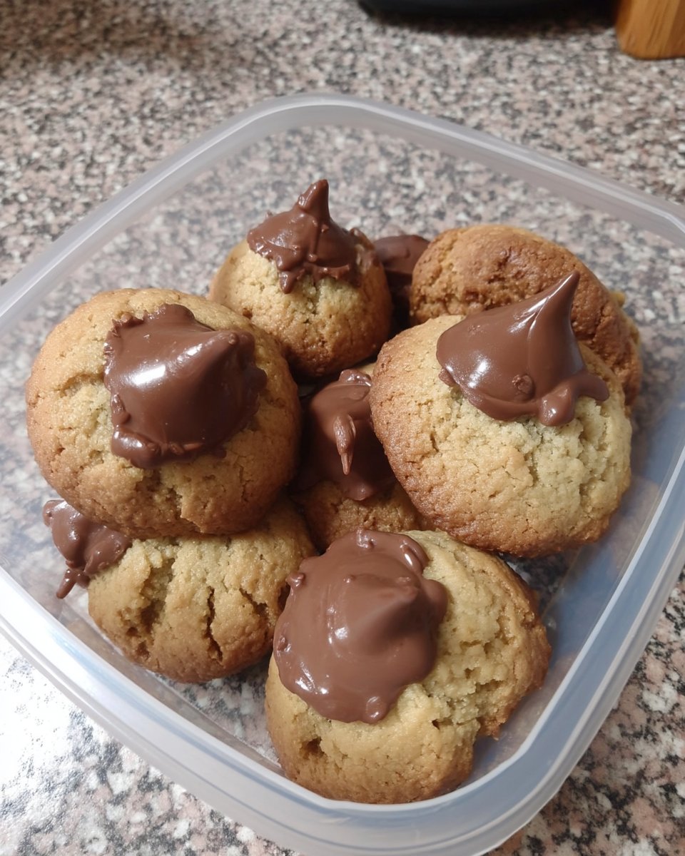 Peanut butter blossom cookies cross section showing soft texture and chocolate kiss