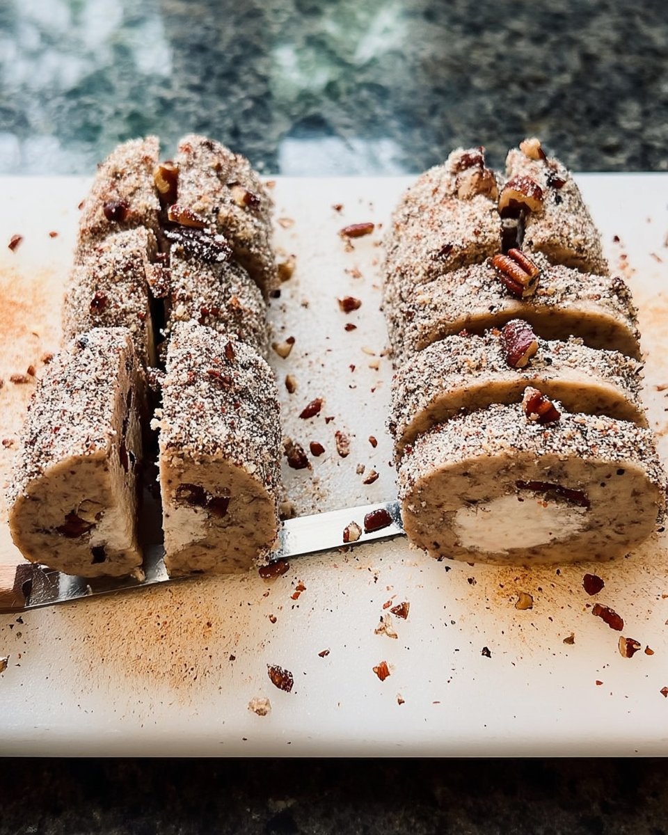 Chilled cookie dough logs being sliced into rounds