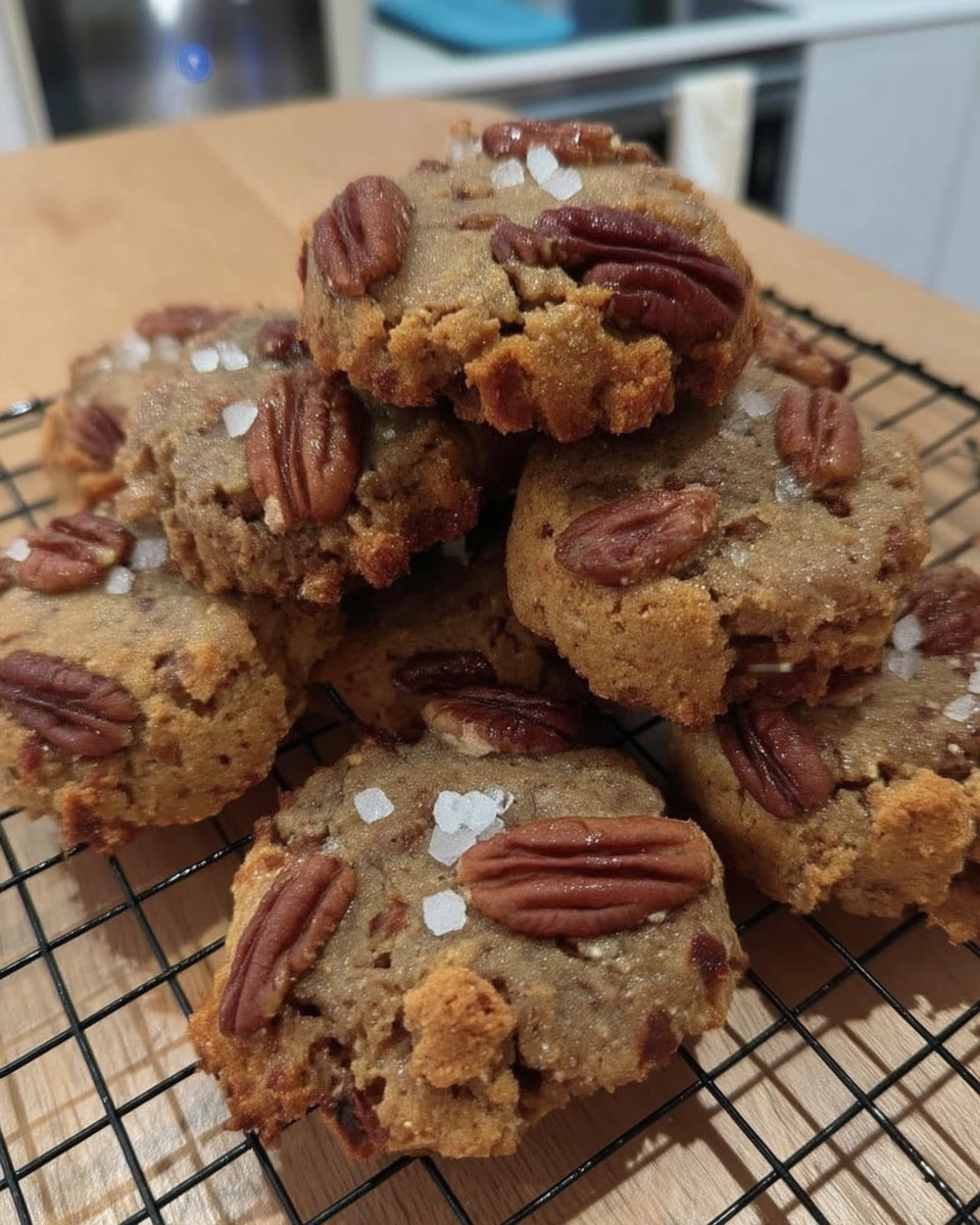 Pecan shortbread cookies on a cooling rack showing crumbly texture