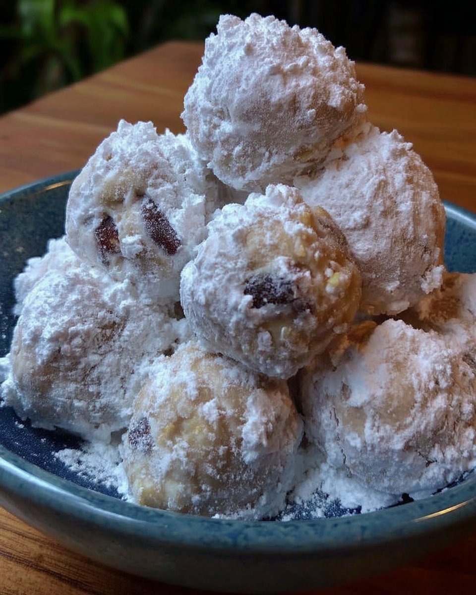 Pecan snowballs served on a ceramic plate with tea