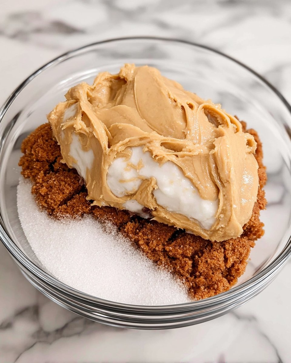 Measured ingredients for flourless cookies including peanut butter, sugar, and an egg.