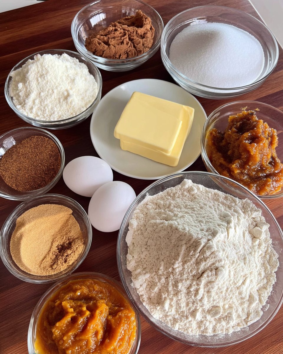 Ingredients for pumpkin pie cookies including puree and spices