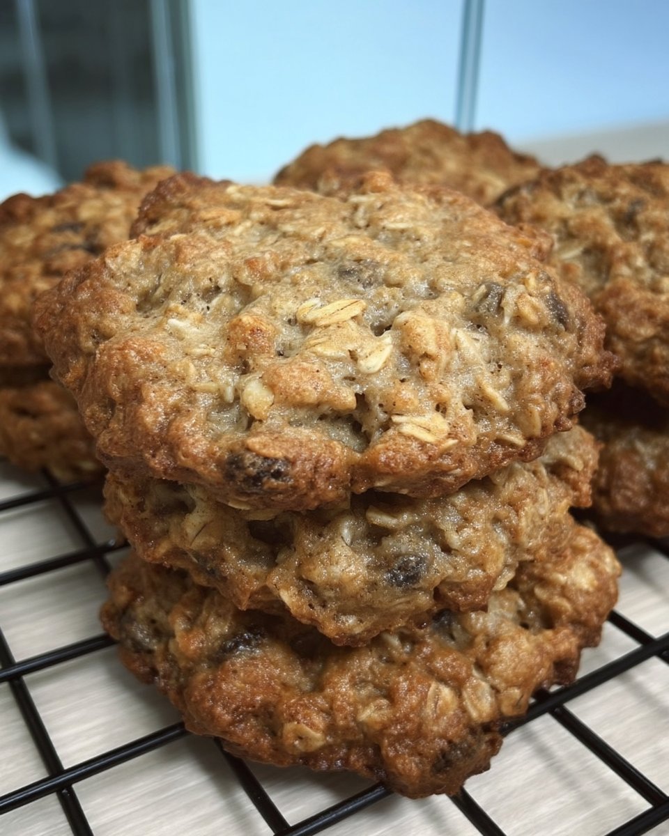 Oatmeal cookies served on a ceramic plate with a cup of tea.