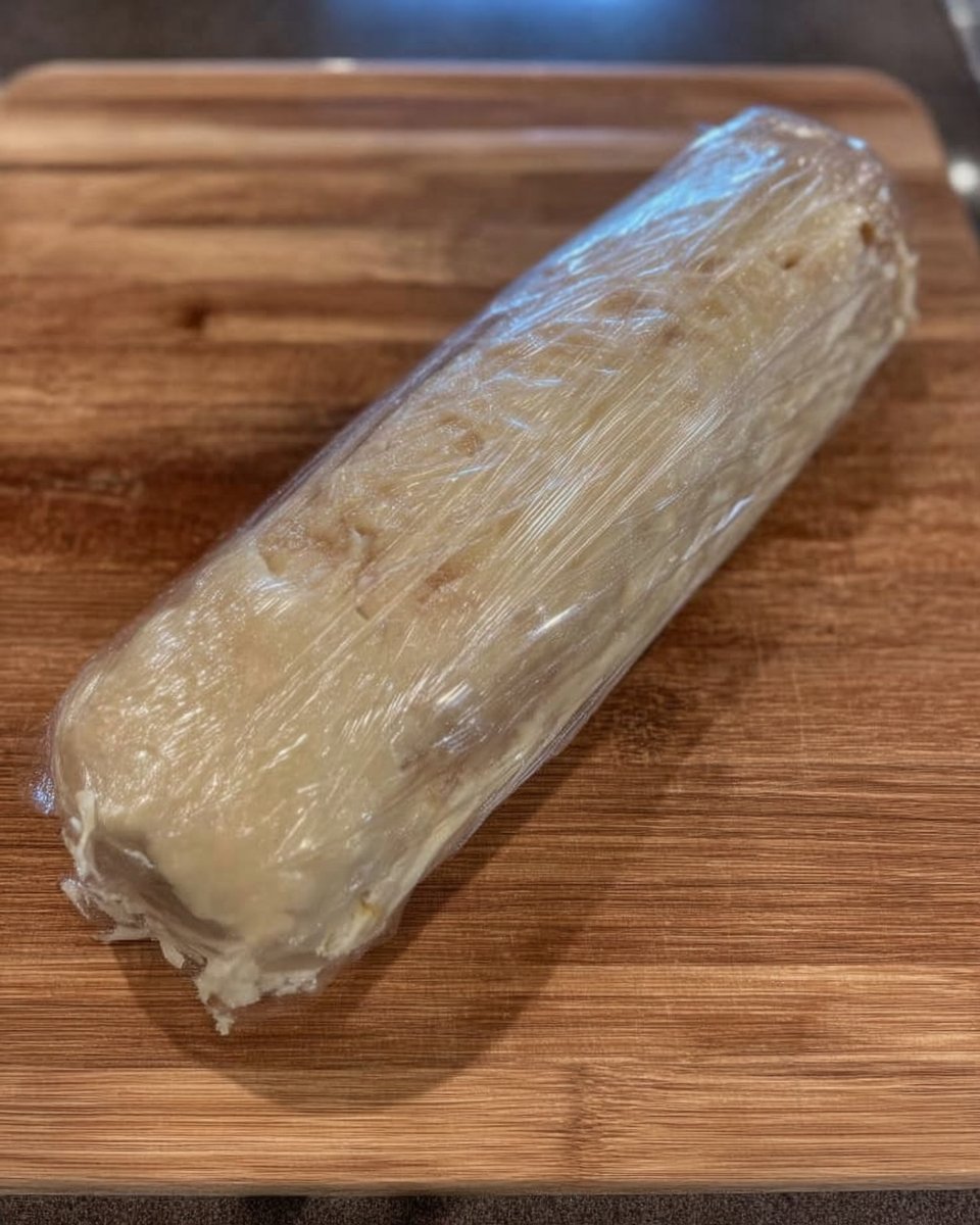 Shortbread dough log being sliced into discs with a knife