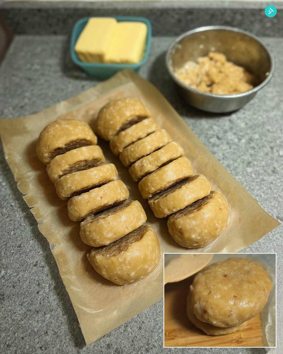 Slicing chilled cookie dough logs into discs