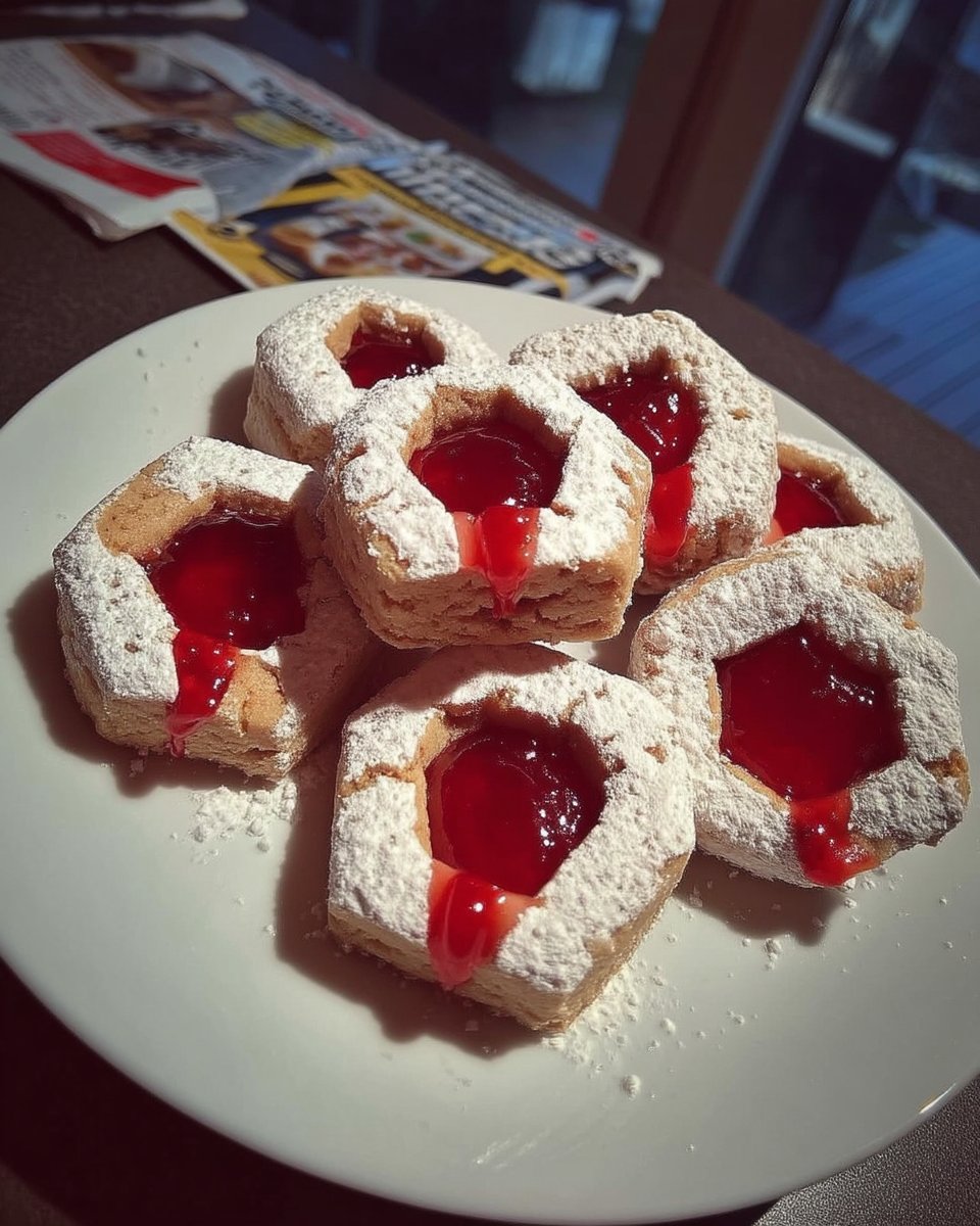Spitzbuben cookies served on a porcelain plate with tea