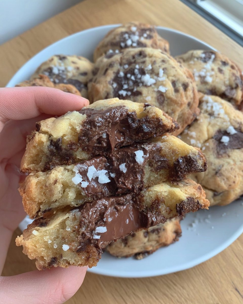 A cross section of a tahini chocolate chip cookie showing the soft center and melting chocolate