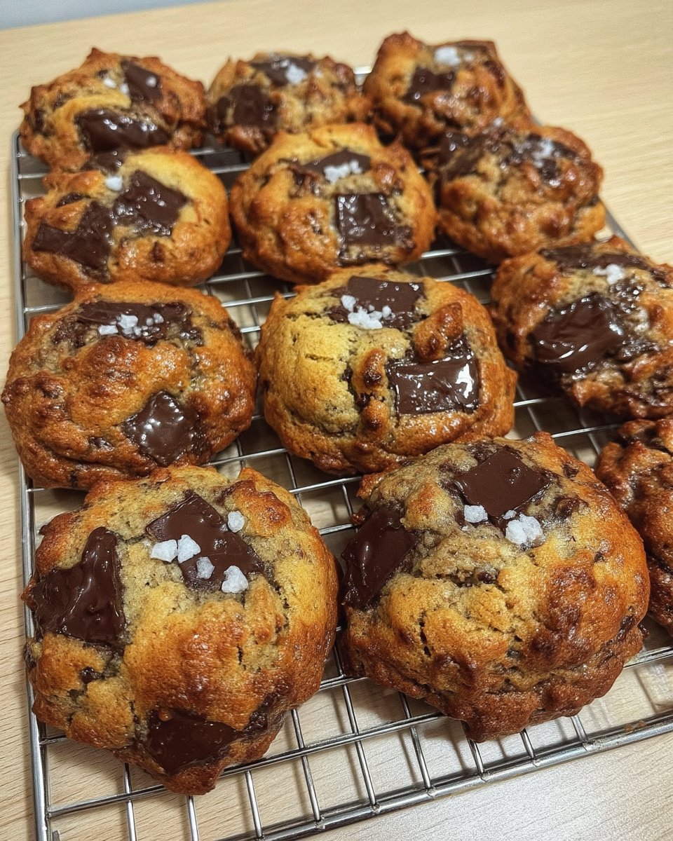Freshly baked chocolate chip cookies on a cooling rack