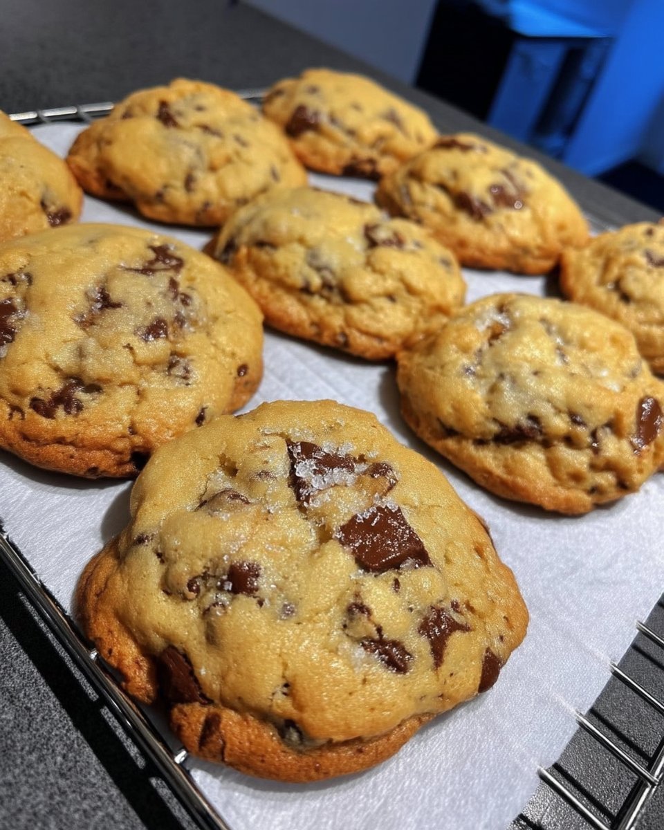 Warm chocolate chip cookie broken in half showing melted chocolate