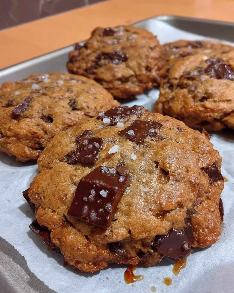 Warm brown butter toffee cookie on a wire rack with melted toffee