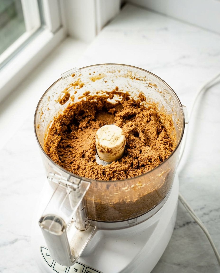 Overhead view of almond flour, molasses, coconut sugar, and spices in glass bowls.