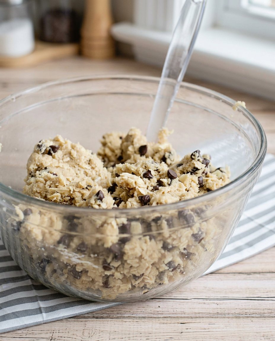 Close up of the cookie dough texture after mixing, showing the even distribution of chocolate chips and walnuts.