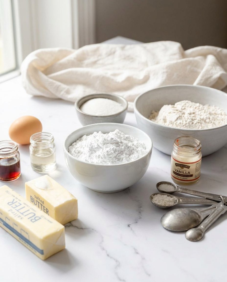 Ingredients for pignoli cookies including almond paste, egg whites, and pine nuts laid out on a scale