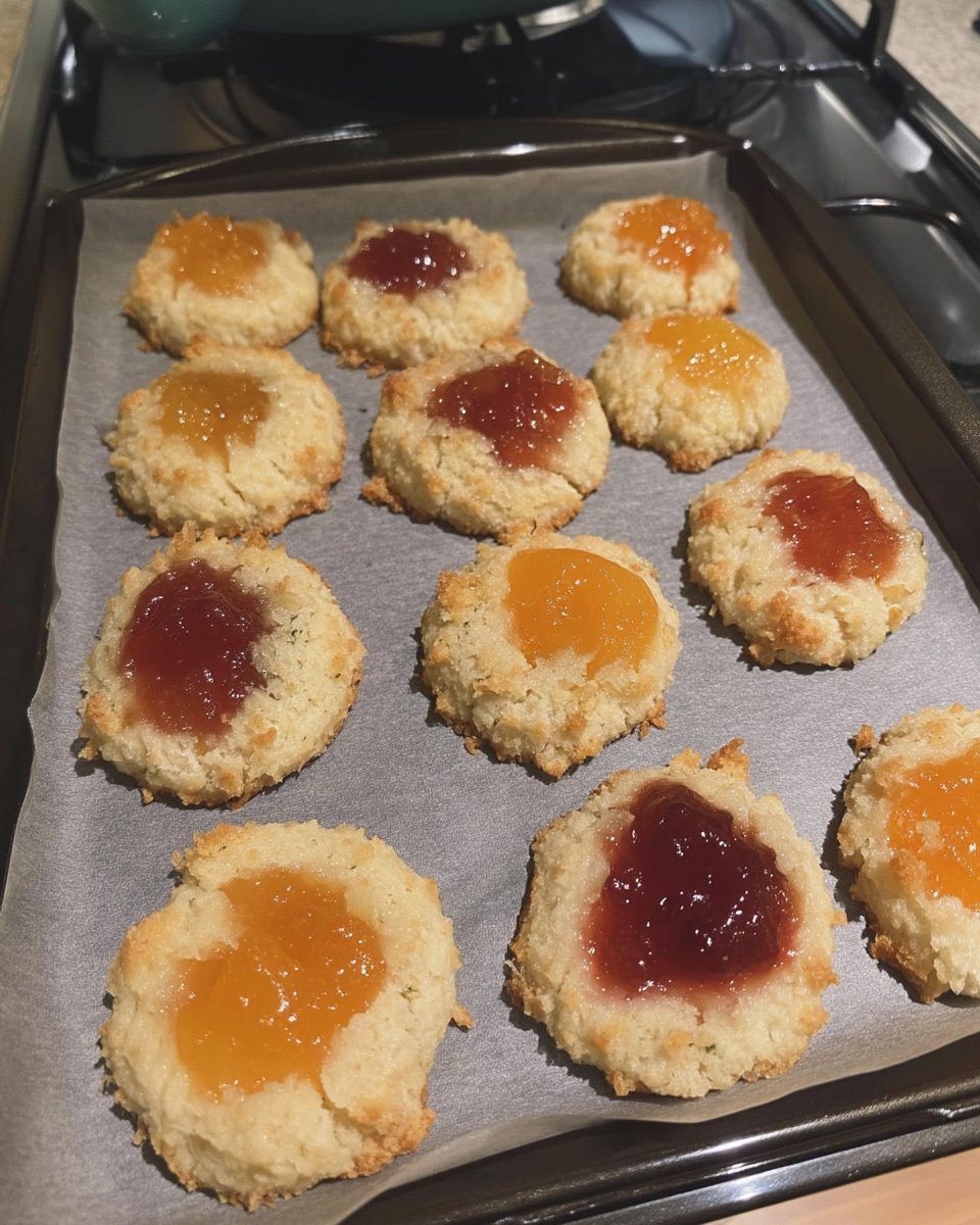 Apricot thumbprint cookies served with a cup of coffee