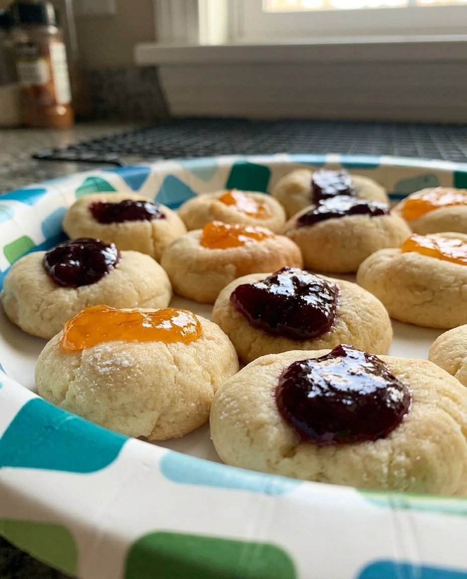 Apricot thumbprint cookies with golden edges and bright jam centers