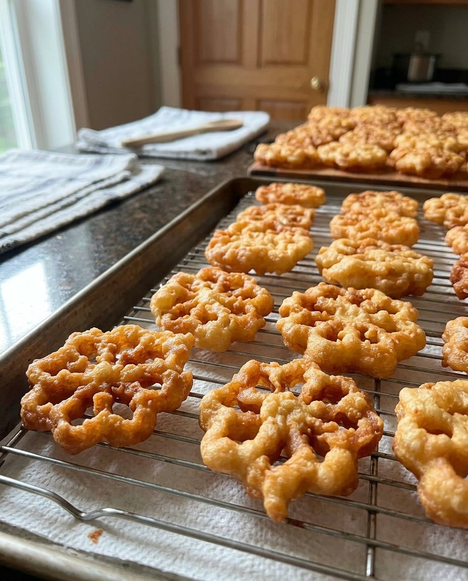 A golden brown rosette cookie being lifted from hot oil on a metal iron