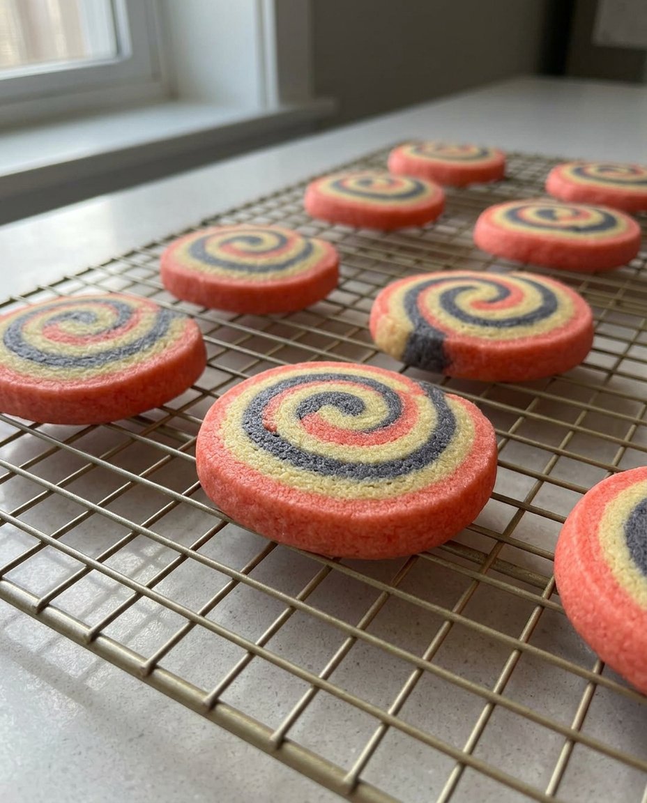Freshly baked pinwheel cookies resting on a wire cooling rack.
