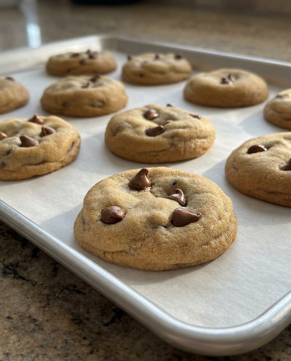 A close up of a bakery style chocolate chip cookie showing texture and chocolate distribution.