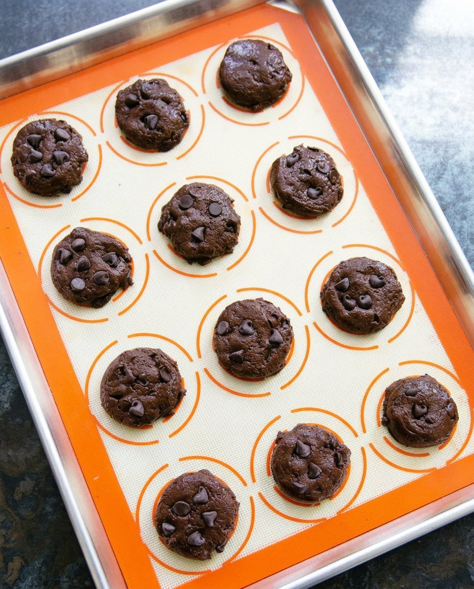 Nutella cookies being placed into a preheated oven with an oven thermometer visible.