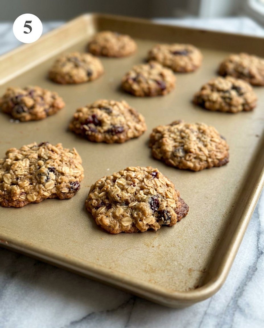 Oatmeal cookies being flattened on a baking sheet.